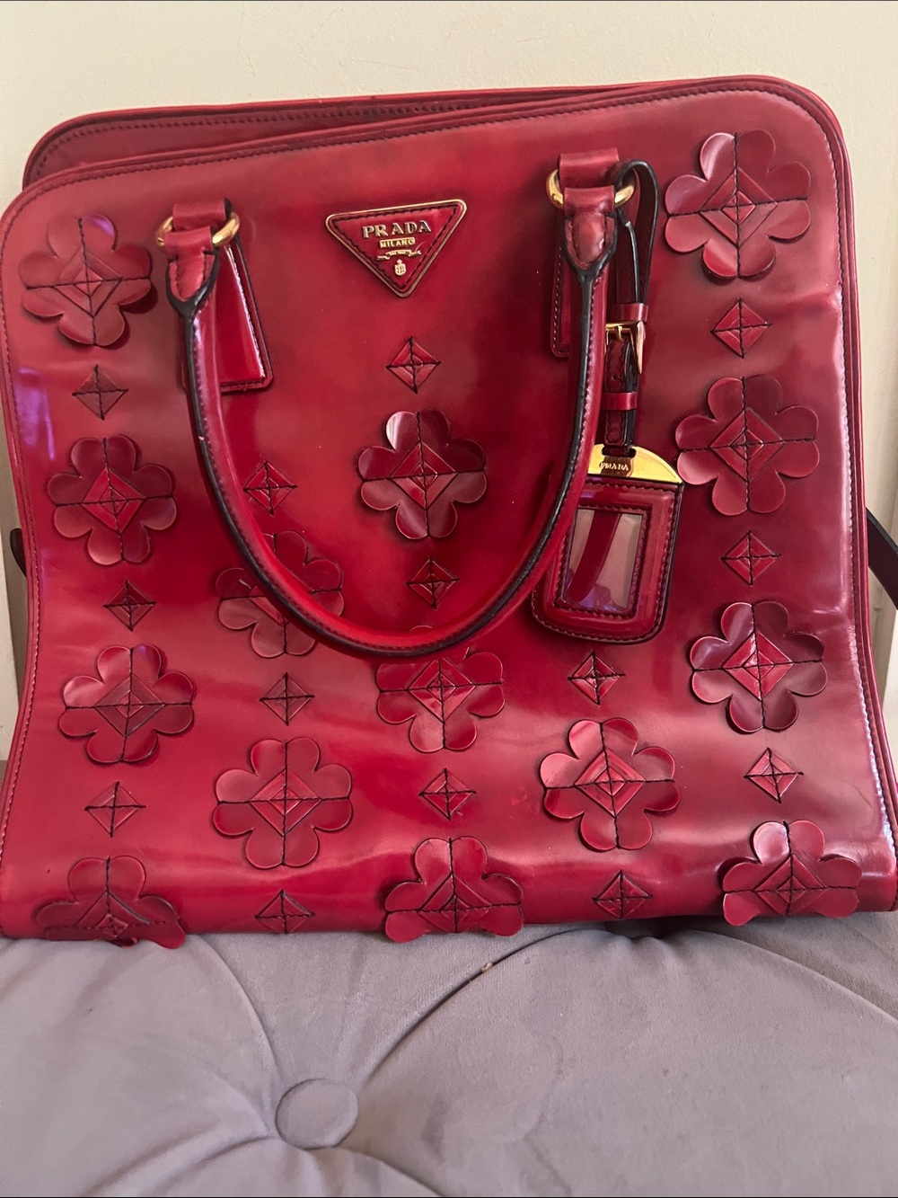 Prada Red Floral-Appliqué Leather Tote with Gold Hardware